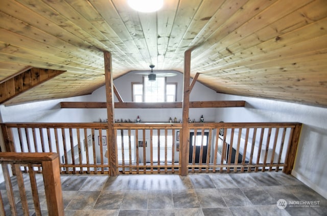 additional living space featuring wood ceiling, ceiling fan, and vaulted ceiling