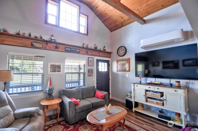 living room with a wall mounted AC, wood ceiling, and a healthy amount of sunlight