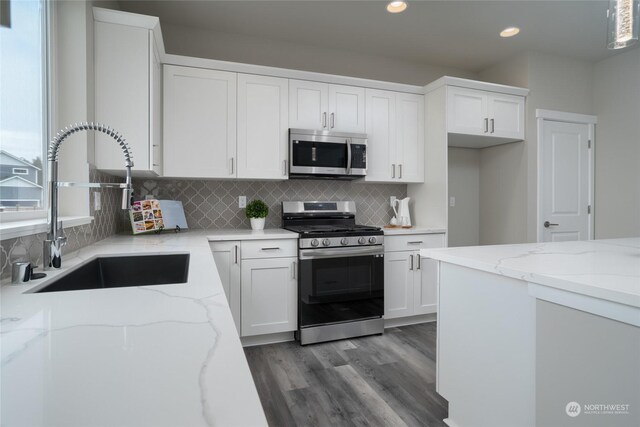 kitchen with hardwood / wood-style flooring, stainless steel appliances, sink, light stone countertops, and white cabinets