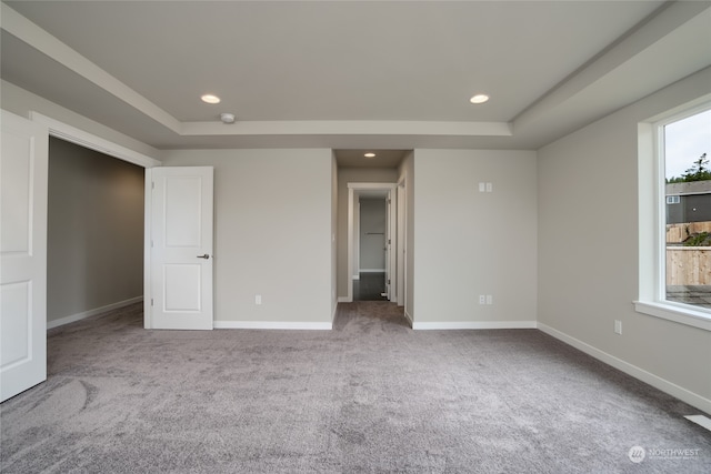 carpeted empty room featuring a raised ceiling