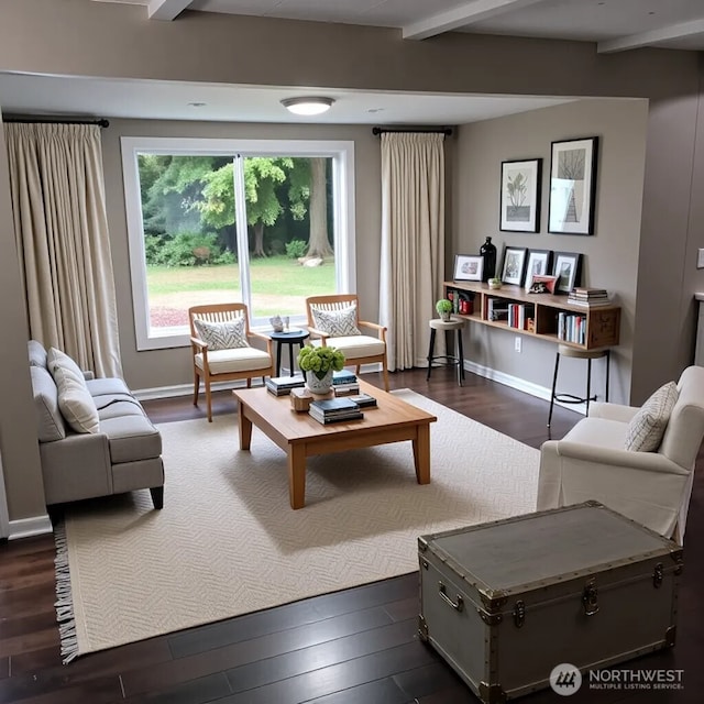8 Griffard St, Copalis Beach, WA 98535 - living room with beamed ceiling and dark wood finished floors