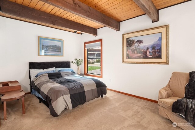 bedroom with wooden ceiling, light carpet, and beamed ceiling