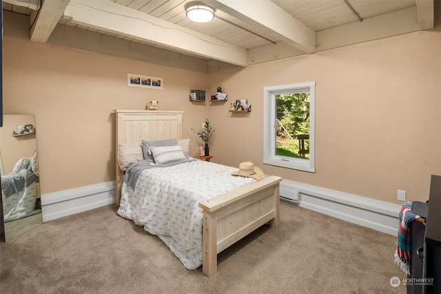 bedroom featuring carpet flooring, wood ceiling, and beamed ceiling