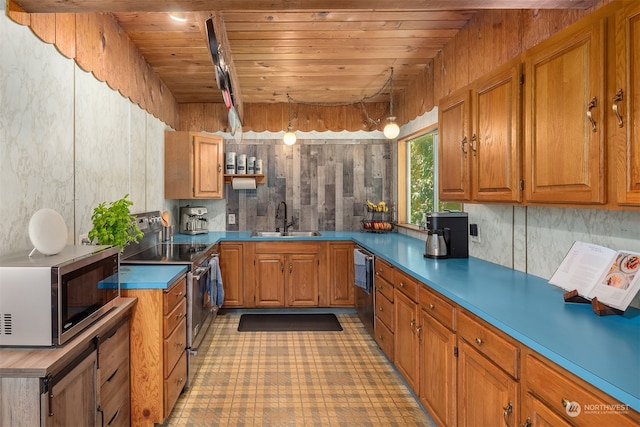 kitchen featuring wooden ceiling, pendant lighting, appliances with stainless steel finishes, tasteful backsplash, and sink