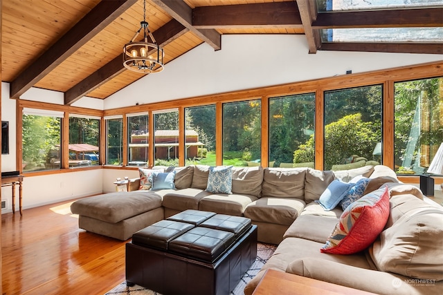 living room with lofted ceiling with beams, wood-type flooring, a notable chandelier, and wood ceiling