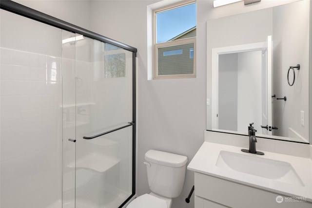 bathroom with vanity, a shower stall, and toilet