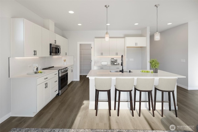 kitchen featuring an island with sink, wood finished floors, appliances with stainless steel finishes, and a sink