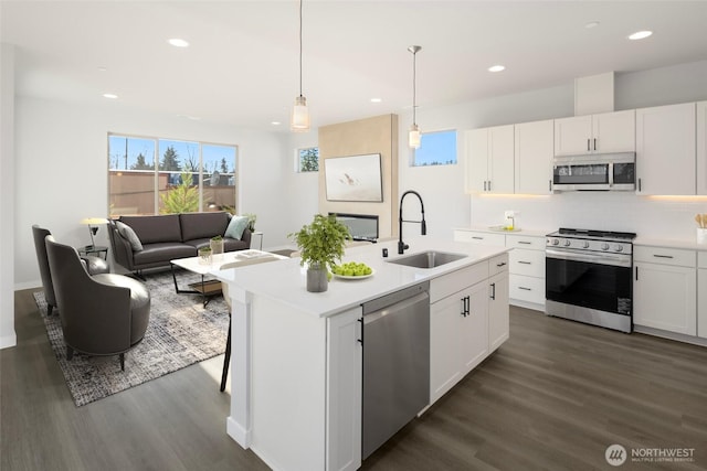 kitchen with dark wood-type flooring, a sink, open floor plan, white cabinetry, and stainless steel appliances