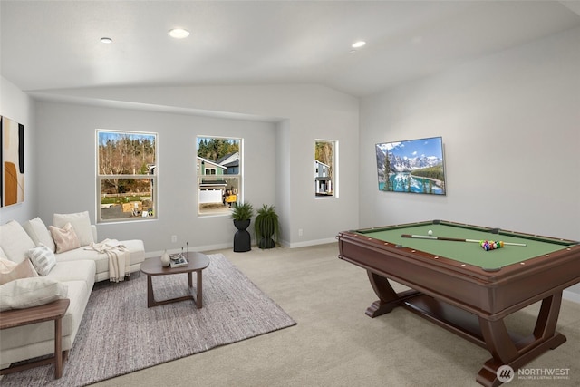 playroom with baseboards, recessed lighting, pool table, vaulted ceiling, and carpet flooring