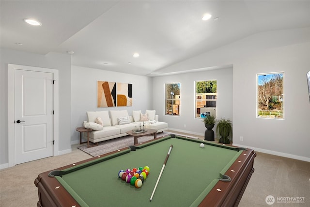 recreation room with carpet, billiards, recessed lighting, and vaulted ceiling