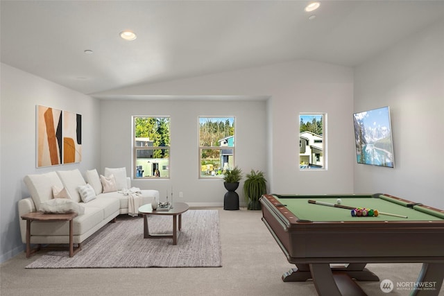 living area featuring baseboards, carpet floors, recessed lighting, pool table, and vaulted ceiling