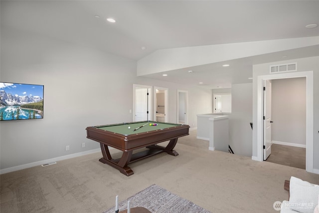 game room featuring vaulted ceiling, carpet flooring, billiards, and visible vents