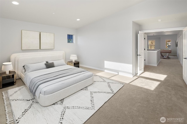 carpeted bedroom with recessed lighting and baseboards