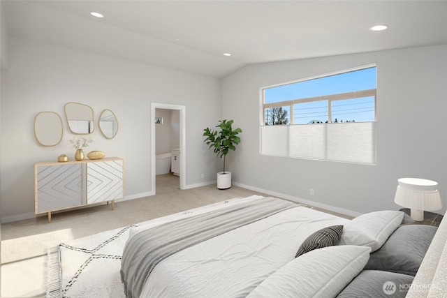 carpeted bedroom with recessed lighting, baseboards, and lofted ceiling