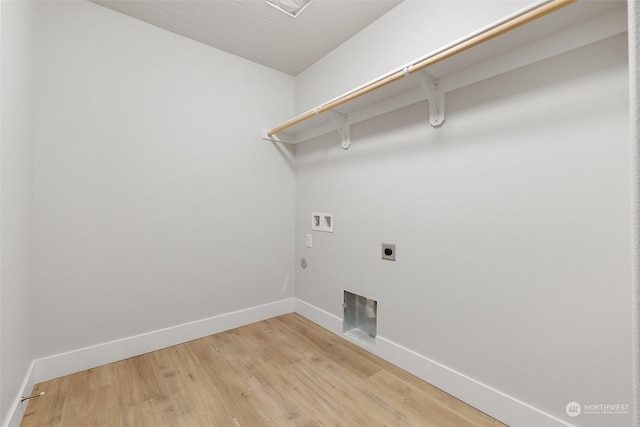 washroom featuring hookup for a washing machine, electric dryer hookup, and light hardwood / wood-style flooring