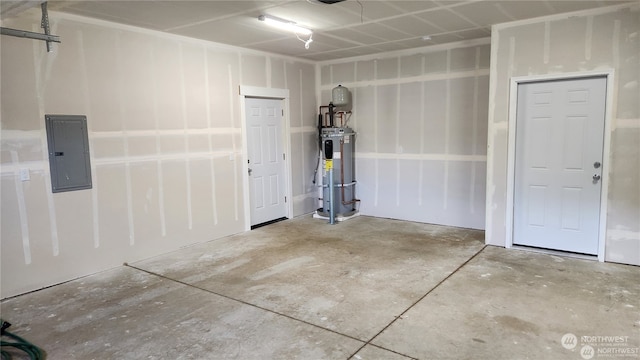 garage with electric panel and water heater