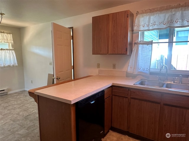 kitchen featuring black dishwasher, kitchen peninsula, and sink