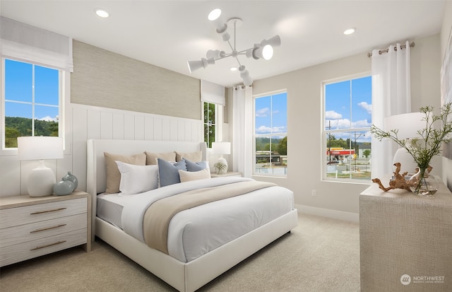 bedroom featuring light carpet and an inviting chandelier