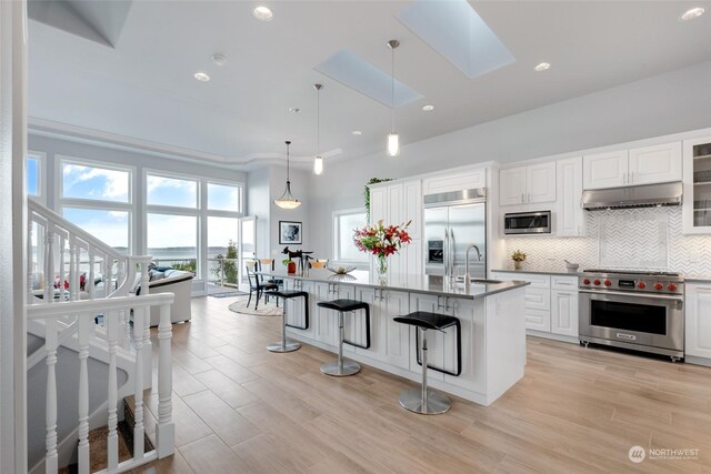 kitchen featuring built in appliances, a skylight, light hardwood / wood-style flooring, and decorative light fixtures