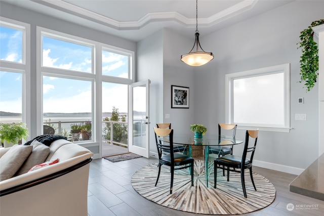 dining space with crown molding, a water view, and hardwood / wood-style floors