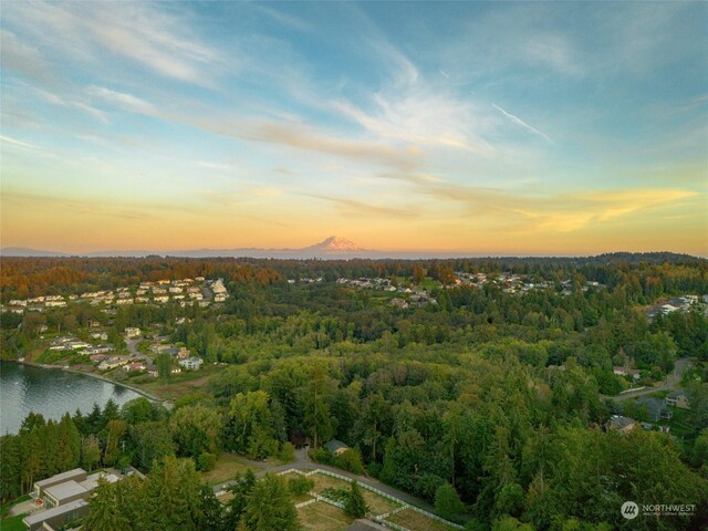 aerial view at dusk with a water view