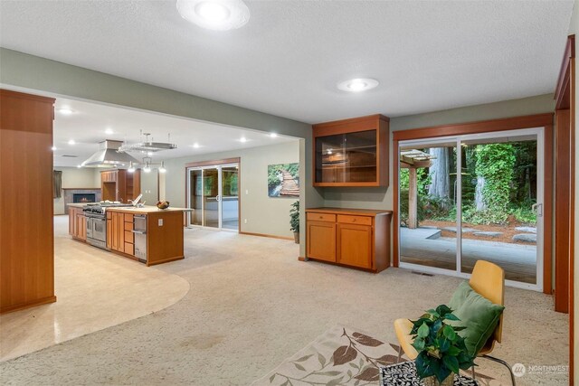 kitchen with light carpet, a center island with sink, a wealth of natural light, and double oven range