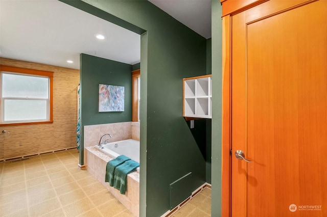 full bathroom with a shower with shower curtain, a bath, and recessed lighting