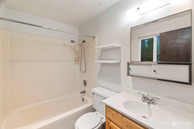 full bath featuring bathtub / shower combination, visible vents, vanity, and toilet