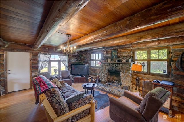 living room with wood ceiling, hardwood / wood-style floors, a stone fireplace, and a chandelier