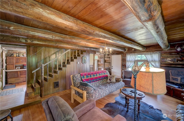 living room with wood ceiling, a chandelier, wood-type flooring, and beam ceiling