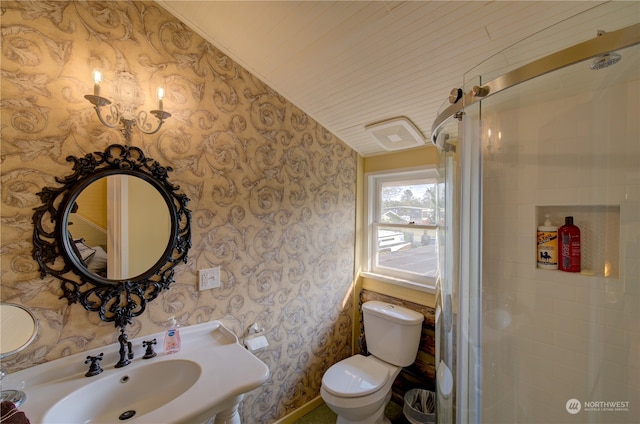 bathroom featuring toilet, sink, and vaulted ceiling