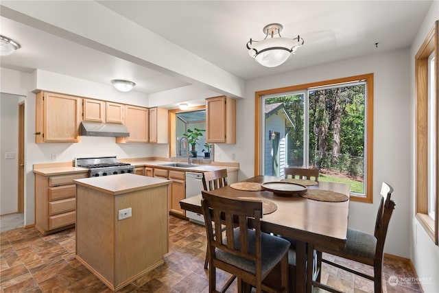 kitchen featuring stainless steel range, dishwasher, light brown cabinetry, a center island, and sink