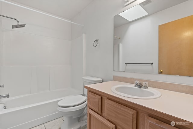 full bathroom with vanity, toilet, shower / bath combination, tile patterned floors, and a skylight