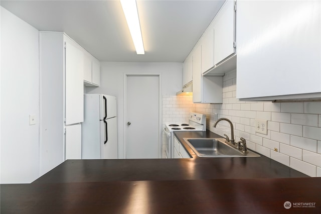 kitchen featuring white cabinetry, white appliances, sink, and decorative backsplash