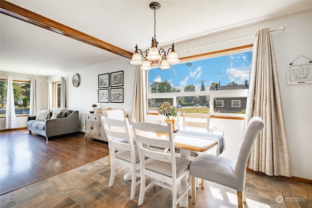 dining area with beamed ceiling, a notable chandelier, and dark hardwood / wood-style floors