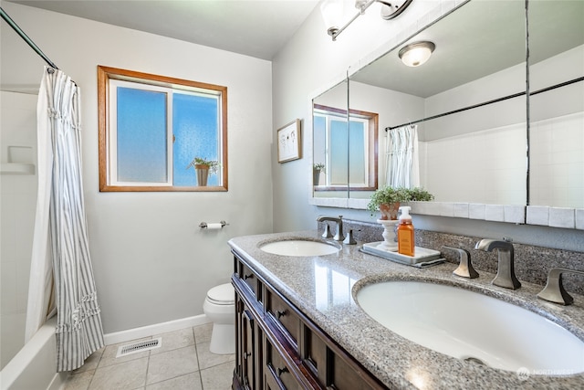 full bathroom featuring tile patterned floors, shower / bathtub combination with curtain, toilet, and vanity