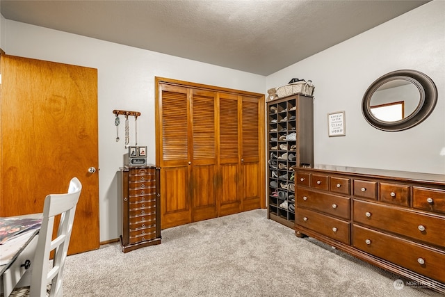 office with lofted ceiling, light colored carpet, and a textured ceiling