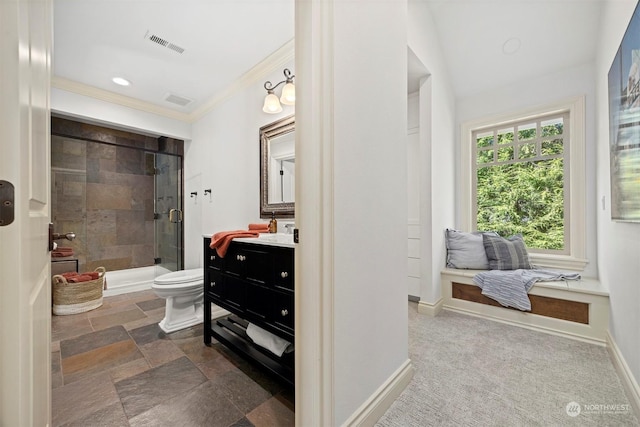 bathroom with toilet, vanity, visible vents, baseboards, and a stall shower