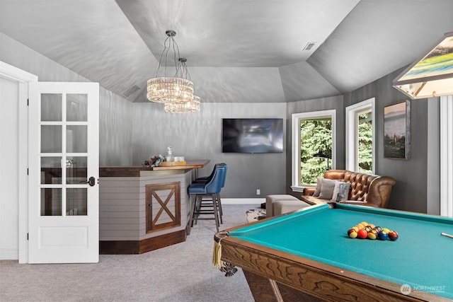 playroom with carpet, pool table, lofted ceiling, and baseboards