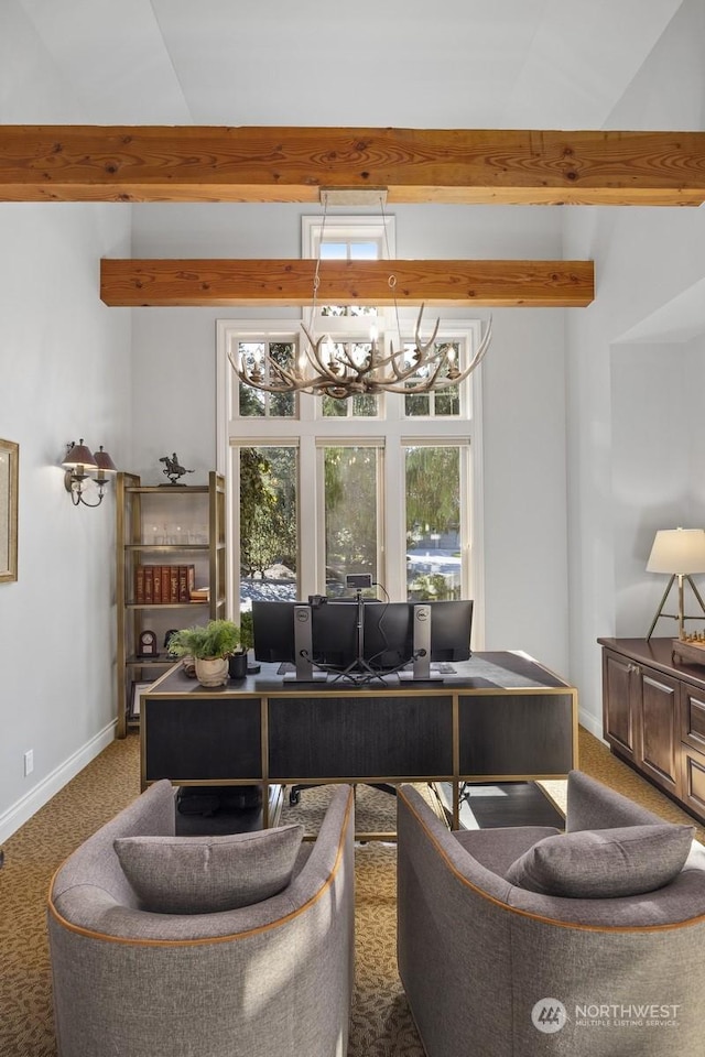 carpeted office featuring baseboards, beamed ceiling, and a notable chandelier