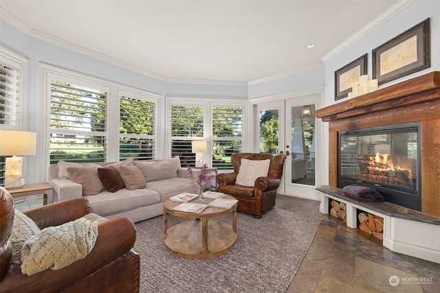 sunroom / solarium featuring french doors and a glass covered fireplace