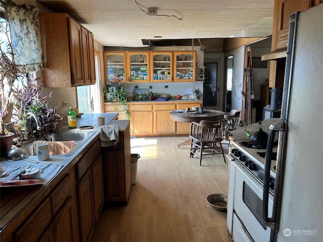 kitchen with white appliances, light wood-style flooring, glass insert cabinets, and a sink