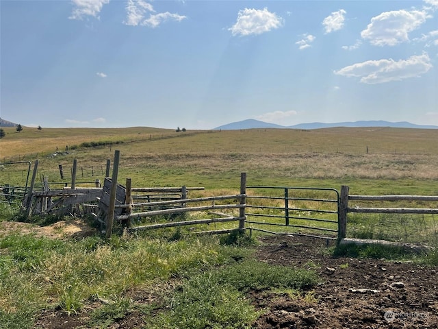 view of yard with a rural view, fence, and a mountain view