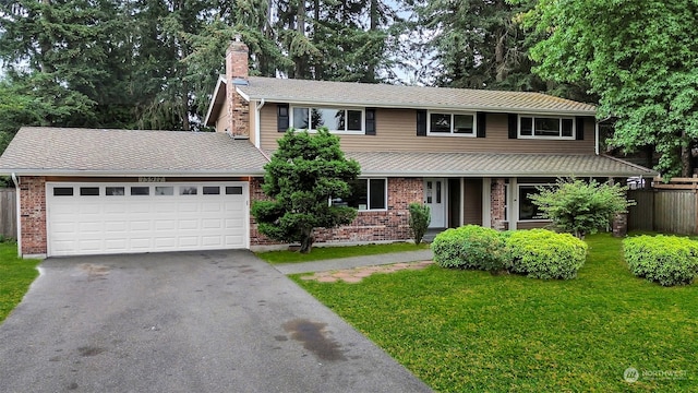 view of front of home with a porch, a front yard, and a garage