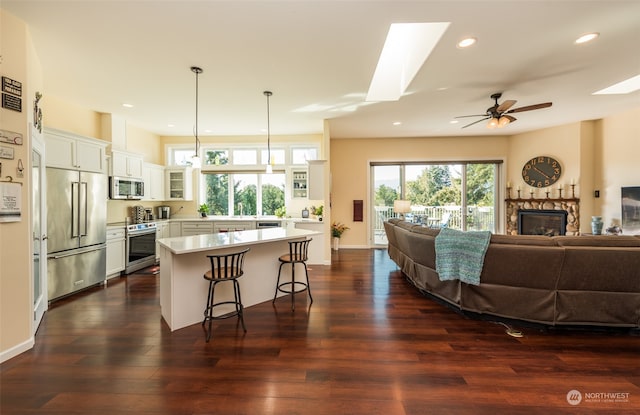 kitchen featuring a fireplace, dark hardwood / wood-style flooring, a center island, ceiling fan, and appliances with stainless steel finishes