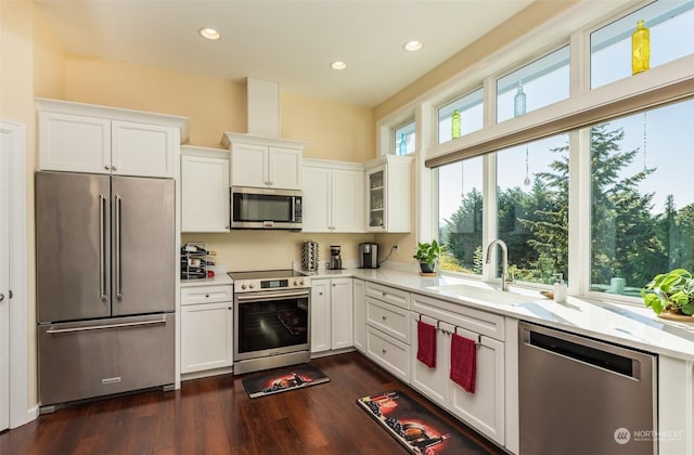 kitchen featuring stainless steel appliances, a sink, white cabinets, dark wood-style floors, and glass insert cabinets