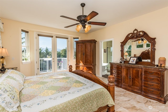 bedroom with access to exterior, french doors, ceiling fan, and ensuite bath