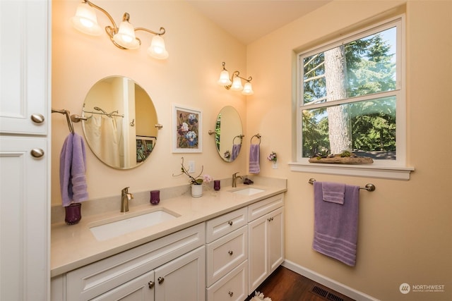 bathroom with double vanity, baseboards, visible vents, and a sink
