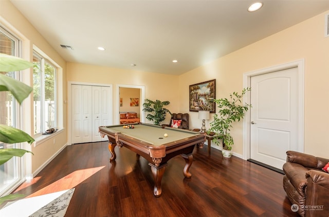 game room with recessed lighting, visible vents, wood finished floors, billiards, and baseboards