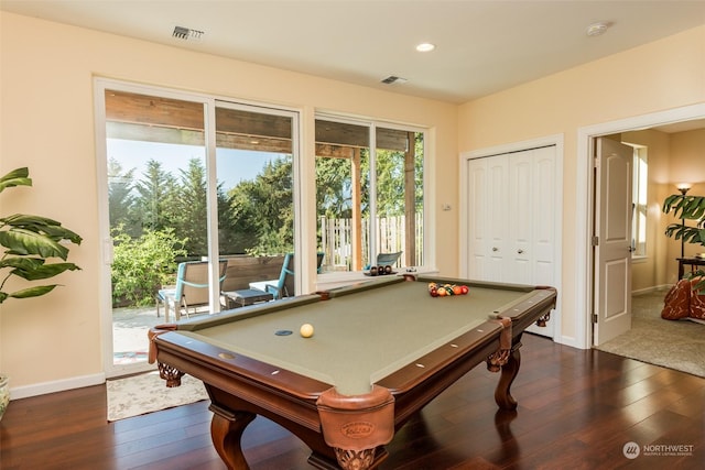 rec room featuring visible vents, dark wood finished floors, baseboards, and billiards